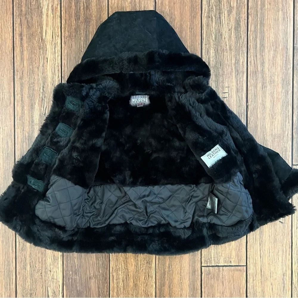 Wilsons Leather Girls Black Suede Fur Trimmed Coat XS Kids Hooded 4 5 Jacket